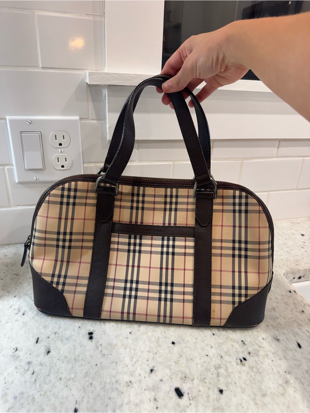 Burberry Classic Check Canvas Top-Handle Bag in Beige and Brown